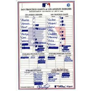  Giants vs. Dodgers 7 17 2005 Game Used Lineup Card (Jim 