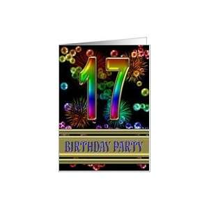  17th Birthday party invitation with bubbles and fireworks 