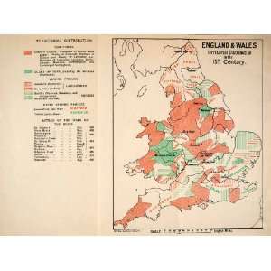 1914 Lithograph England Wales Territorial Distribution Crown Lands 