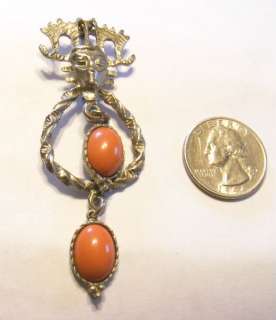 Vintage Silvertone Tribal Faux Coral Dangle Pin Brooch  