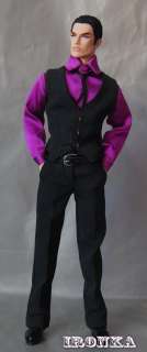 Black  striped Suit Trousers with pockets and Waistcoat Purple Shirt 