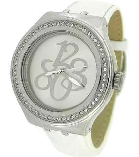 Swatch YNS107 Silver Round Dial White Leather Womens Watch  