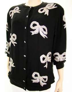 VTG 80s ADRIENNE VITTADINI Black Silk SEQUIN Bow Sweater Style Jacket 