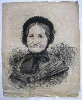 ANTIQUE PORTRAIT CHARCOAL DRAWING FRENCH GRANDMA 1889  