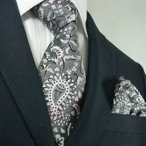  Landisun 55K Dark Gray Pink Floral Mens Silk Tie Set: Tie 