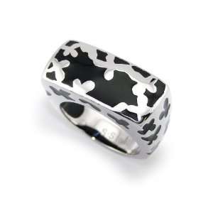  Stainless Steel Womens Ring w/ Black Resin Inlay (Size 5 