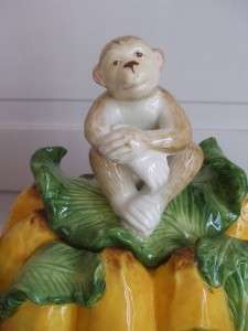 Monkey Banana Figural Cookie Jar Yellow Majolica Glazed Ceramic Kaldun 