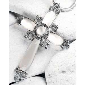    Sterling Silver Mother of Pearl Marcasite Cross Pendant: Jewelry