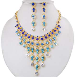 Blue Rhinestone Crystal Gold Plated Necklace&Earringset  