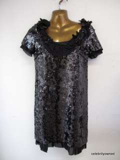 Hanii Y Black Sequin S/S Dress w/ Silk Trim sz 40  