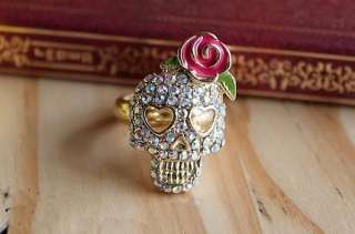 Full Crystal Skull Pink Rose Betsey Johnson Ring Size 7  