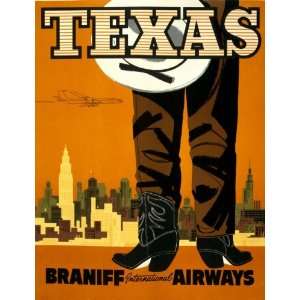  1960 Texas. Vintage Braniff International Airways Poster 