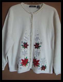 Ugly Christmas Sweater Cardigan Poinsettia Womens SZ XL Beaded  