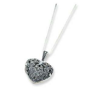  Sterling Silver Marcasite Heart Locket W/Chain Necklace Jewelry