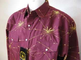 NEW Mens Burgundy Embroidered Sun Burst Western Cowboy Pearl Snap 