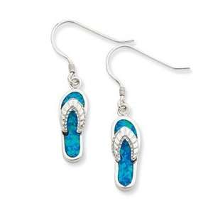   Silver Created Blue Inlay Opal Sandal Dangle Earrings Jewelry