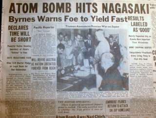1945 newspaper US Drops 2nd ATOMIC BOMB on NAGASAKI Japan   WW II BIG 