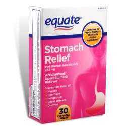 Stomach Relief, Pink Bismuth 30 Chewable Tablet Equate  