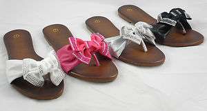 Woman Flat Thong Sandal Flip Flop Rhinestone Shoe Black Silver White 
