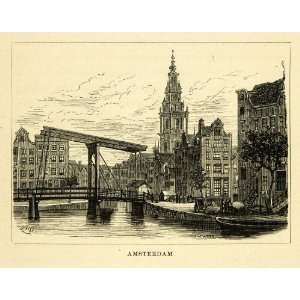 1877 Wood Engraving Amsterdam Holland Cityscape Coastal 