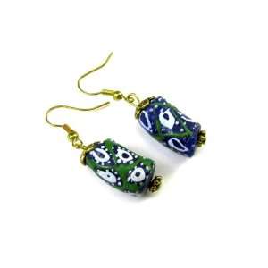   Sand Cast Beads Dangle Earrings in Green, Blue, and White: Jewelry