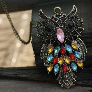 New Vintage Colorful Owl crystals rhinestone pendant Necklace best 