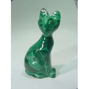  Hand Carved African Malachite Cat Lapidary Statue 
