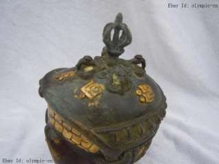 Chinese bronze gild carved sacrifice KAPALA bowl statue  