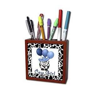   Western Cowgirl with Blue Balloons   Tile Pen Holders 5 inch tile pen