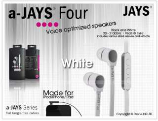   JAYS Four Earphones with Remote for iPod iPhone 4s 4 MP3 Earbuds WHITE