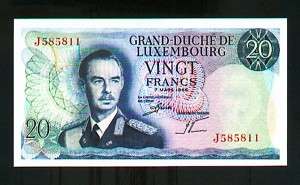 LUXEMBOURG NOTE 20 FRANCS 1966 PICK # 54 UNC.  