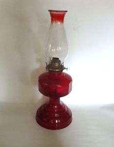 Vintage Cranberry Art Glass Kerosene Oil Lamp  