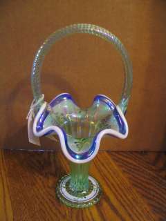 Fenton  Aquamarine,Ruffled Rim,Floral Pattern Trumpet Basket Vase 