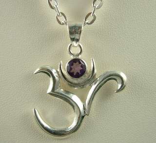 Thick 925 Silver Om Ohm Aum Amethyst Pendant Necklace  