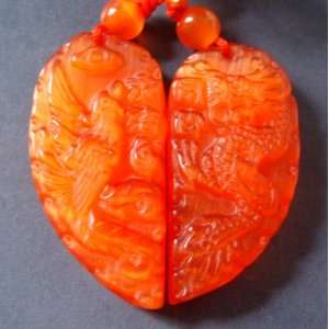  Pair Red Cat Eye Dragon Phoenix Love Heart Amulet Pendant 