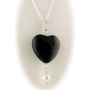  Black Onyx Heart Pendant Sterling Silver Cable Chain 18 