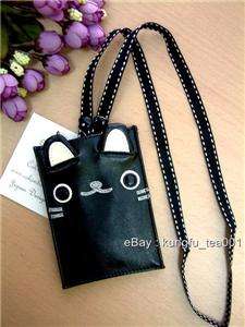 Japan Wara Heko Black Cat Card Holder Phone Bag w Strap  