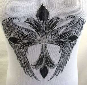 VOCAL Womens White Tank Top Wings Crosses Crystals NEW  