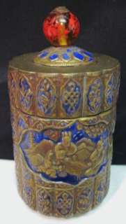 ANTIQUE CHINESE EXPORT BRASS CHAMPLEVE ENAMEL TEA CADDY JAR~COVER 