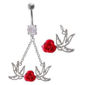 Crystalline Double Gem HOLLOW DOVE double Swallow Bird red rose Dangle 