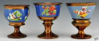   English Copper Lustre Goblets Blue Rings Floral/People Designs 1800s