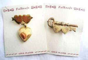 TWO Vintage VALENTINE SWEETHEART Pins HEART LOCKET Key  