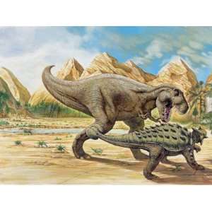 Tyrannosaurus Rex and Euoplocephalus Dinosaurs Walking on a Landscape 