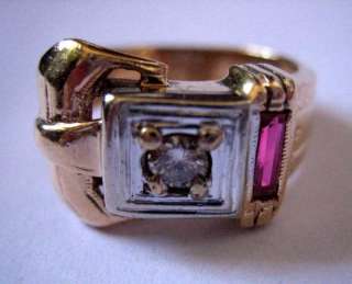 Estate Retro 14K Rose Gold Diamond Buckle Ring, s 7  
