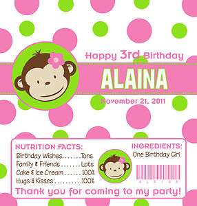 MOD MONKEY GIRLS BIRTHDAY CANDY WRAPPERS / PARTY FAVORS  