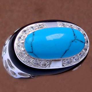 size 7 CLASSIC BLUE TURQUOISE OVAL ONYX TOPAZ 925 STERLING SILVER 