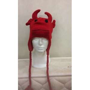   Fleeced Interior Red Bull Pilot Animal Cap/hat with Ear Flaps and Poms