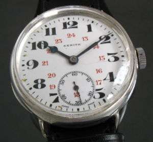 EARLY VINTAGE ZENITH SILVER OLD TRENCH WATCH CHRONOMETER PORCELAIN 