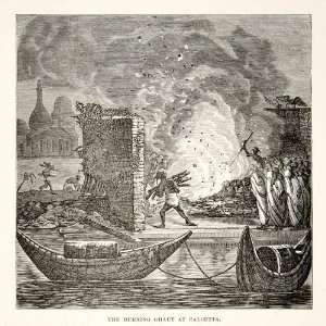 1881 Print Burning Ghaut Calcutta Kolkata India River Burial Religion 