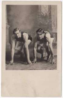 Real Photo Postcard of Two Track Running Boys Posing in a Photo Studio 